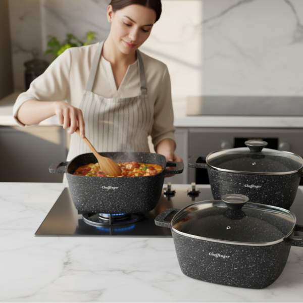 Комплект тенджери – Cheffinger от 3 части с мраморно покритие и капаци + подарък 2 ръкавици