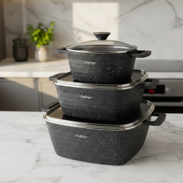 Комплект тенджери – Cheffinger от 3 части с мраморно покритие и капаци + подарък 2 ръкавици