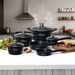 Премиум комплект съдове за готвене 12 части с мраморно покритие Cheffinger – Тенджери, тигани и касерола + 2 ръкавици