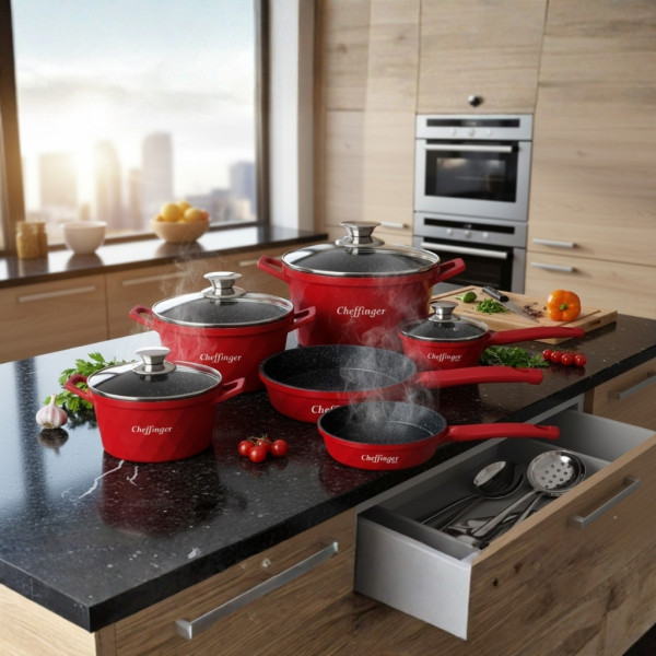 Премиум комплект съдове за готвене 12 части с мраморно покритие Cheffinger – Тенджери, тигани и касерола + 2 ръкавици