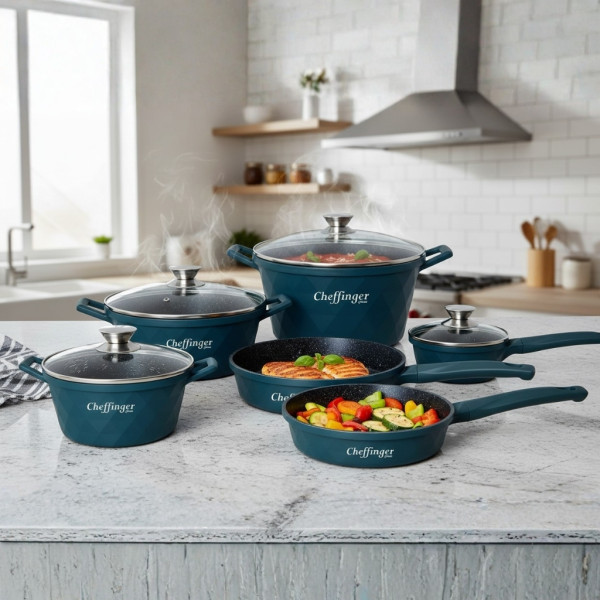 Премиум комплект съдове за готвене 12 части с мраморно покритие Cheffinger – Тенджери, тигани и касерола + 2 ръкавици 3
