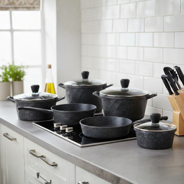 Премиум комплект съдове за готвене 12 части с мраморно покритие Cheffinger – Тенджери, тигани и касерола + 2 ръкавици