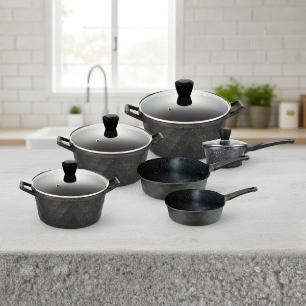 Премиум комплект съдове за готвене 12 части с мраморно покритие Cheffinger – Тенджери, тигани и касерола + 2 ръкавици