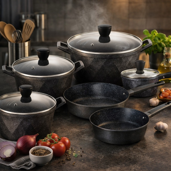 Премиум комплект съдове за готвене 12 части с мраморно покритие Cheffinger – Тенджери, тигани и касерола + 2 ръкавици