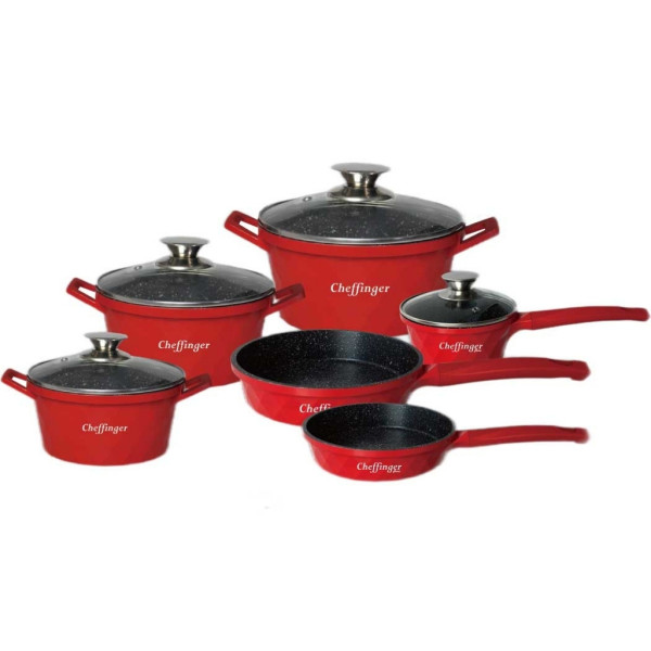 Премиум комплект съдове за готвене 12 части с мраморно покритие Cheffinger – Тенджери, тигани и касерола + 2 ръкавици 10