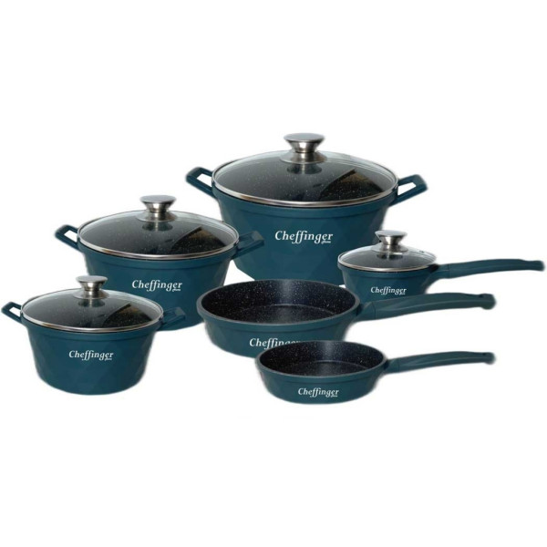 Премиум комплект съдове за готвене 12 части с мраморно покритие Cheffinger – Тенджери, тигани и касерола + 2 ръкавици 12