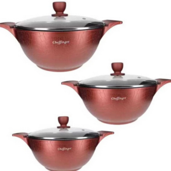 Комплект от 3 тенджери Cheffinger с мраморно покритие 20/24/28 см с капаци – незалепващи съдове за всички видове котлони