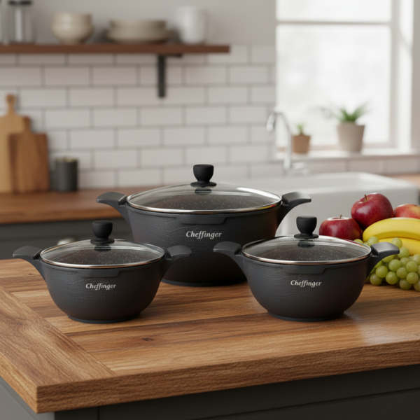 Комплект от 3 тенджери Cheffinger с мраморно покритие 20/24/28 см с капаци – незалепващи съдове за всички видове котлони 1