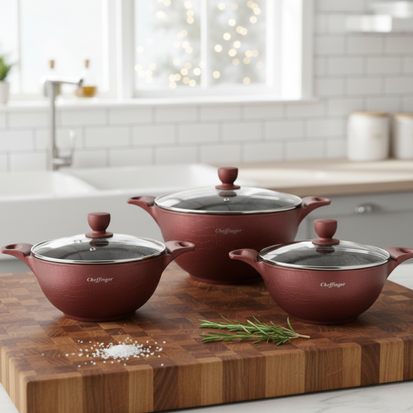 Комплект от 3 тенджери Cheffinger с мраморно покритие 20/24/28 см с капаци – незалепващи съдове за всички видове котлони