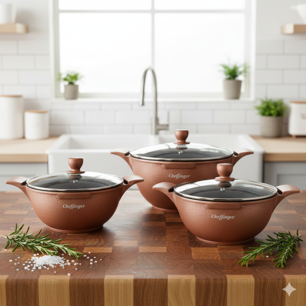 Комплект от 3 тенджери Cheffinger с мраморно покритие 20/24/28 см с капаци – незалепващи съдове за всички видове котлони