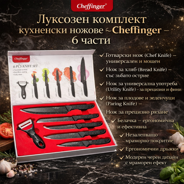 Комплект кухненски ножове Cheffinger – 6 части с мраморно покритие и магнитна кутия 9