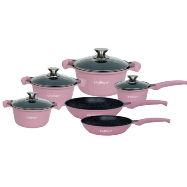 Комплект съдове за готвене Cheffinger от 10 части – тенджери и тигани с мраморно покритие за всички видове котлони