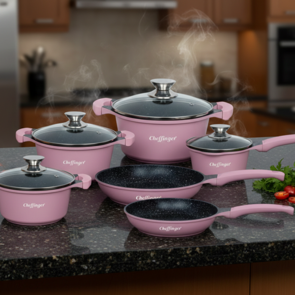 Комплект съдове за готвене Cheffinger от 10 части – тенджери и тигани с мраморно покритие за всички видове котлони