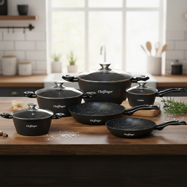Комплект съдове за готвене Cheffinger от 10 части – тенджери и тигани с мраморно покритие за всички видове котлони