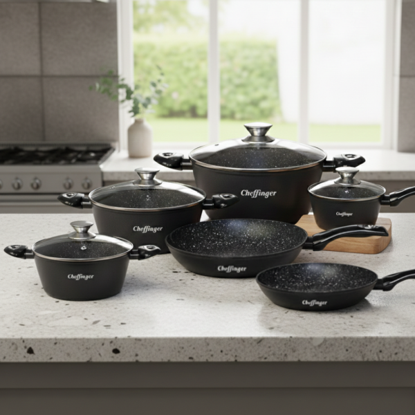 Комплект съдове за готвене Cheffinger от 10 части – тенджери и тигани с мраморно покритие за всички видове котлони