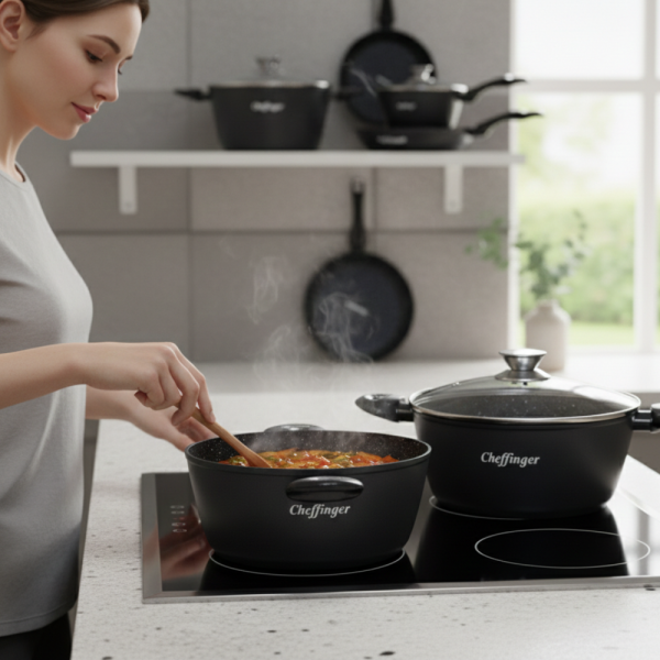Комплект съдове за готвене Cheffinger от 10 части – тенджери и тигани с мраморно покритие за всички видове котлони