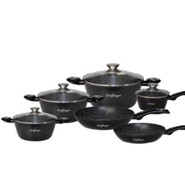 Комплект съдове за готвене Cheffinger от лят алуминий с мраморно покритие – 10 части, индукционни, незалепващи 25