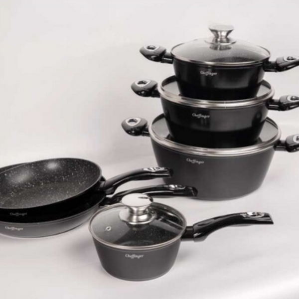 Комплект съдове за готвене Cheffinger от лят алуминий с мраморно покритие – 10 части, индукционни, незалепващи