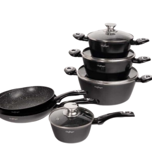 Комплект съдове за готвене Cheffinger от лят алуминий с мраморно покритие – 10 части, индукционни, незалепващи