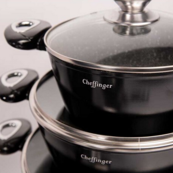 Комплект съдове за готвене Cheffinger от лят алуминий с мраморно покритие – 10 части, индукционни, незалепващи