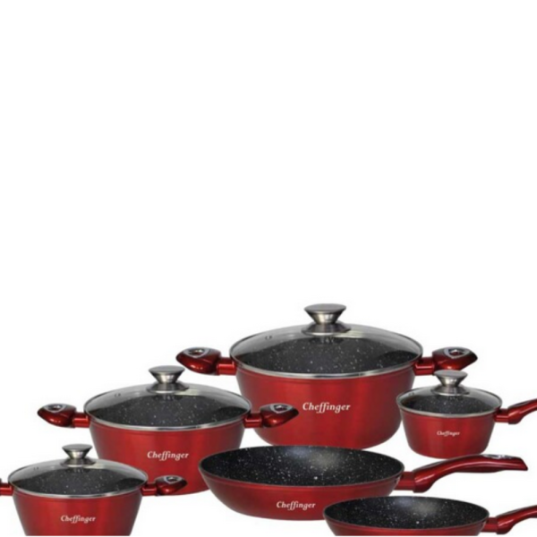 Комплект съдове за готвене Cheffinger от лят алуминий с мраморно покритие – 10 части, индукционни, незалепващи