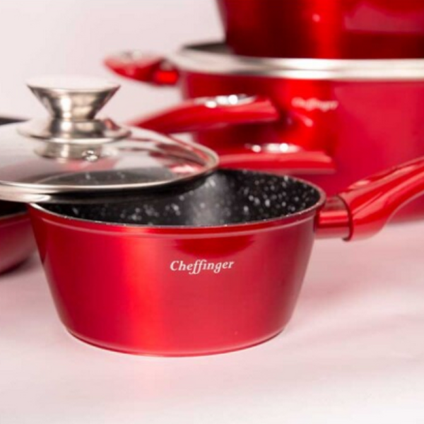 Комплект съдове за готвене Cheffinger от лят алуминий с мраморно покритие – 10 части, индукционни, незалепващи