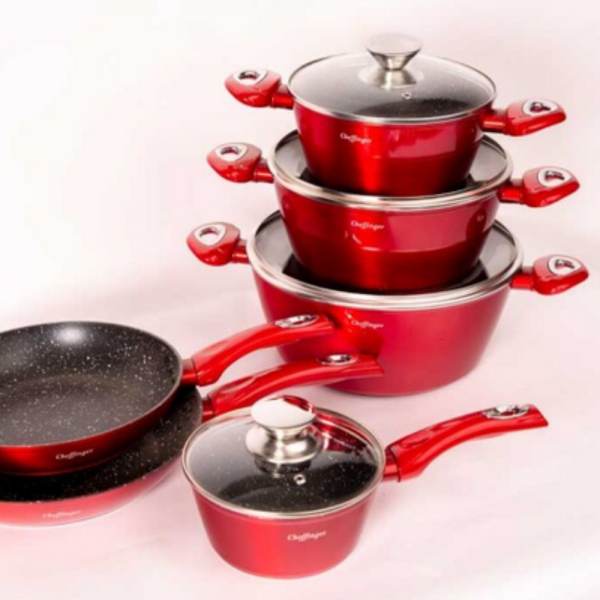 Комплект съдове за готвене Cheffinger от лят алуминий с мраморно покритие – 10 части, индукционни, незалепващи