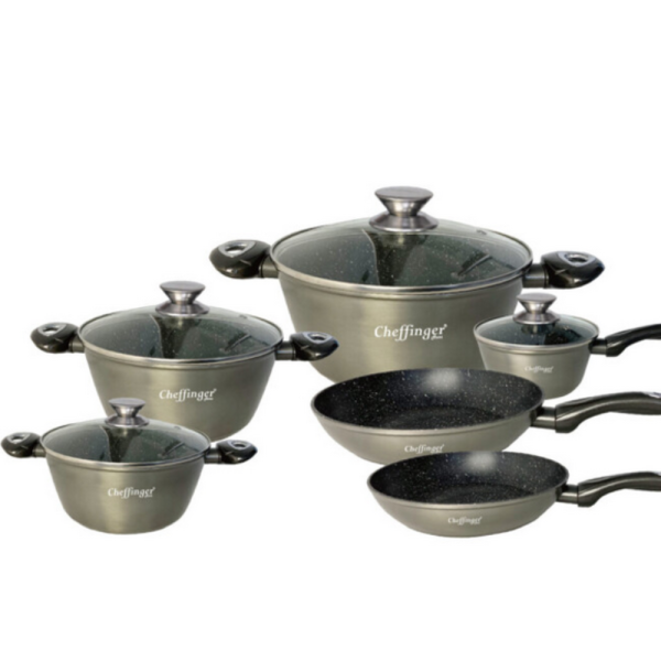 Комплект съдове за готвене Cheffinger от лят алуминий с мраморно покритие – 10 части, индукционни, незалепващи