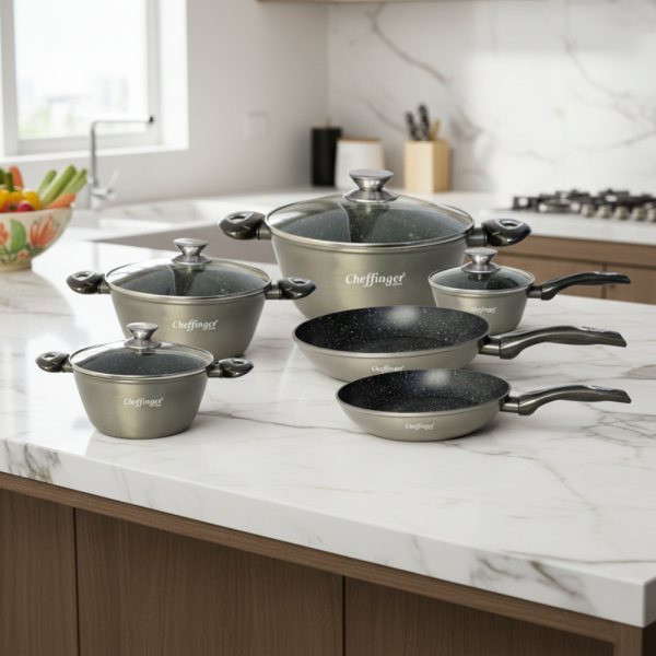 Комплект съдове за готвене Cheffinger от лят алуминий с мраморно покритие – 10 части, индукционни, незалепващи
