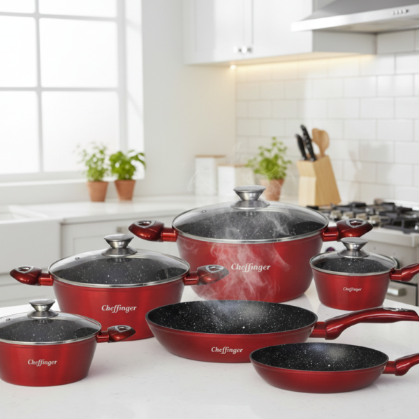Комплект съдове за готвене Cheffinger от лят алуминий с мраморно покритие – 10 части, индукционни, незалепващи 10