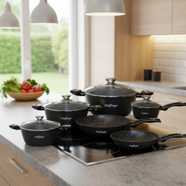 Комплект съдове за готвене Cheffinger от лят алуминий с мраморно покритие – 10 части, индукционни, незалепващи 2