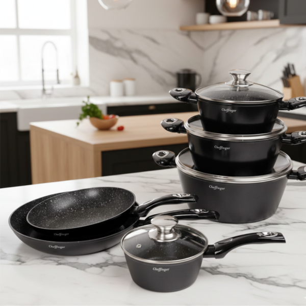 Комплект съдове за готвене Cheffinger от лят алуминий с мраморно покритие – 10 части, индукционни, незалепващи 1