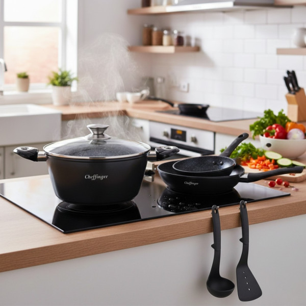 Комплект съдове за готвене 6 части Cheffinger – тенджера 24 см, тигани 24 и 28 см, за индукция 1