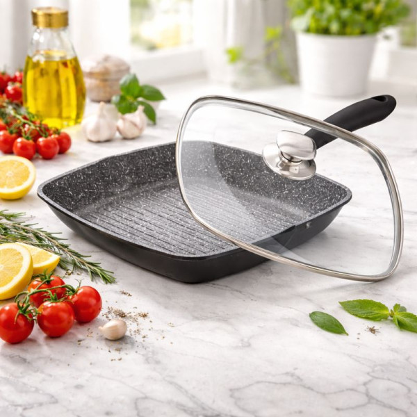 Грил тиган 28см с капак и мраморно покритие Cheffinger – за индукция, с противоплъзгаща дръжка 1