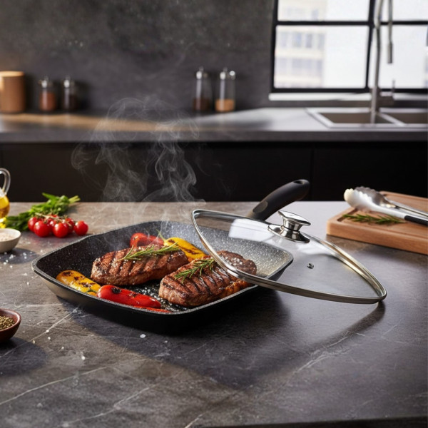 Грил тиган 28см с капак и мраморно покритие Cheffinger – за индукция, с противоплъзгаща дръжка 2