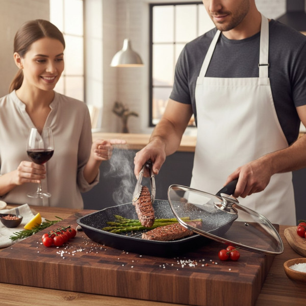 Грил тиган 28см с капак и мраморно покритие Cheffinger – за индукция, с противоплъзгаща дръжка 3