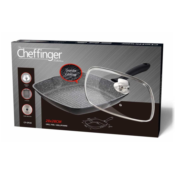 Грил тиган 28см с капак и мраморно покритие Cheffinger – за индукция, с противоплъзгаща дръжка