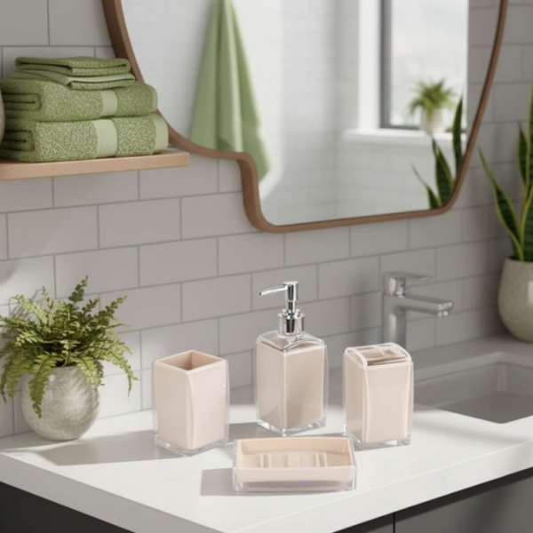 Комплект аксесоари за баня Cheffinger – 4 части, дозатор за сапун, чаша за четки и сапунерка