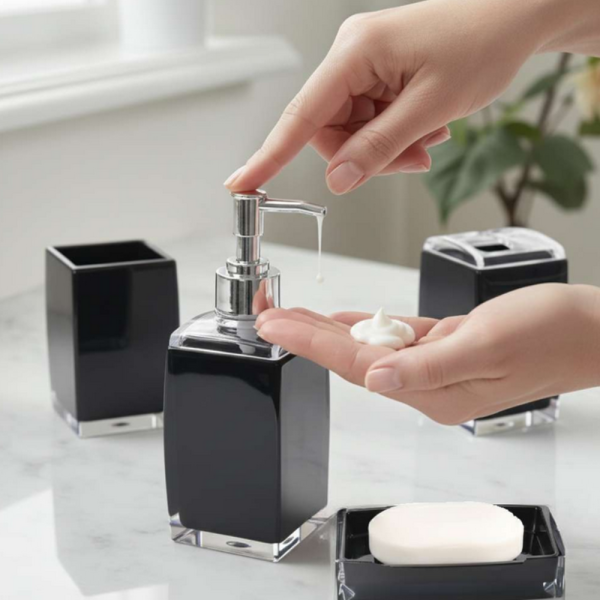 Комплект аксесоари за баня Cheffinger – 4 части, дозатор за сапун, чаша за четки и сапунерка