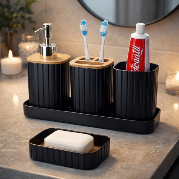 Комплект аксесоари за баня 5 части с табла Cheffinger – диспенсър, чаша, сапунерка и поставка за четки 1