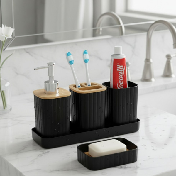 Комплект аксесоари за баня 5 части с табла Cheffinger – диспенсър, чаша, сапунерка и поставка за четки