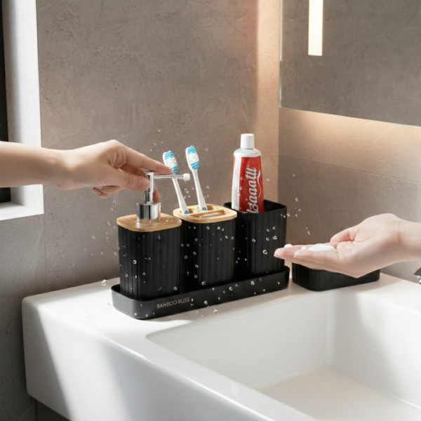 Комплект аксесоари за баня 5 части с табла Cheffinger – диспенсър, чаша, сапунерка и поставка за четки 4