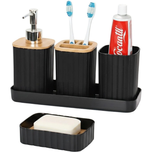 Комплект аксесоари за баня 5 части с табла Cheffinger – диспенсър, чаша, сапунерка и поставка за четки