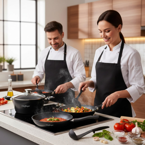 Комплект съдове за готвене 6 части Cheffinger – тенджера 24 см, тигани 24 и 28 см, за индукция