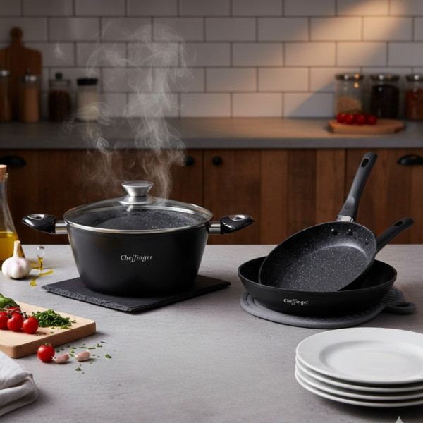 Комплект съдове за готвене 6 части Cheffinger – тенджера 24 см, тигани 24 и 28 см, за индукция 4