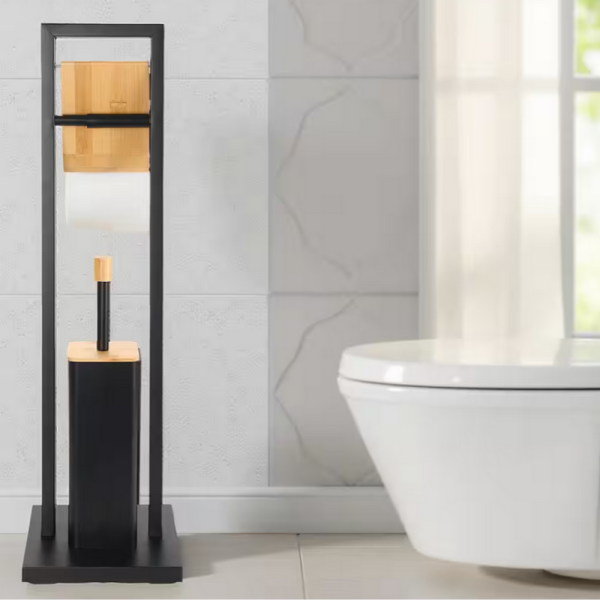 Стойка 2в1 Cheffinger за баня с тоалетна четка и държач за тоалетна хартия – метал и дърво