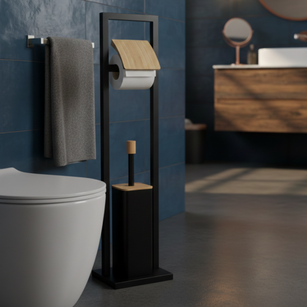 Стойка 2в1 Cheffinger за баня с тоалетна четка и държач за тоалетна хартия – метал и дърво 1