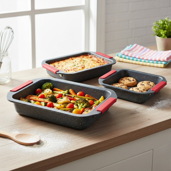 Комплект 3 тави за печене Cheffinger с мраморно покритие и силиконови дръжки – здрави, удобни и спестяващи място 1