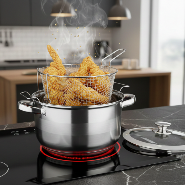 Тенджера с кошница за пържене и стъклен капак Cheffinger  Ø24 см – инокс, 6,5 л, за всички котлони