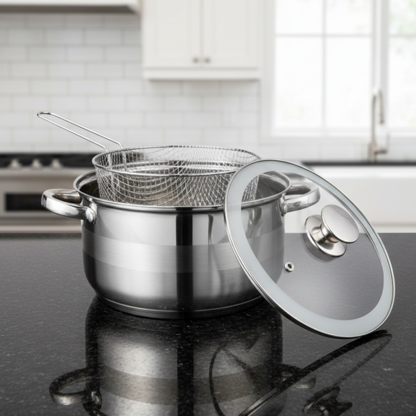Тенджера с кошница за пържене и стъклен капак Cheffinger  Ø24 см – инокс, 6,5 л, за всички котлони 5